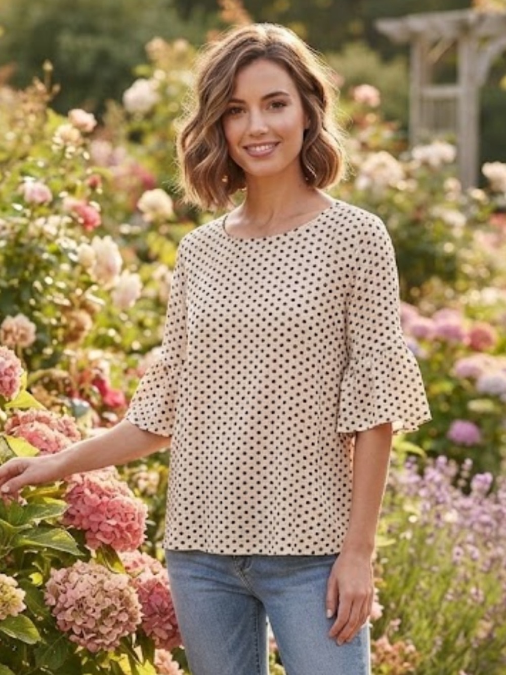 NWT J. Crew Cream Blouse with Black Polka Dots and Ruffle Sleeves